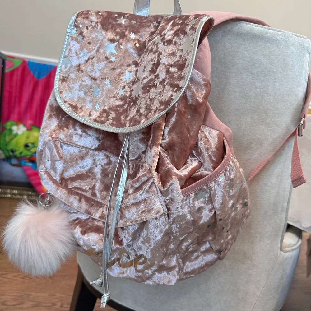 Justice Pink Velvet Backpack and pouch Set